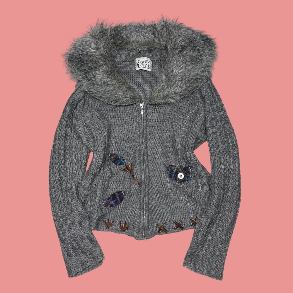 Keren Hart Gray Faux Fur Collar Zip Up Cardigan Sweater Leaf Embellished Womens